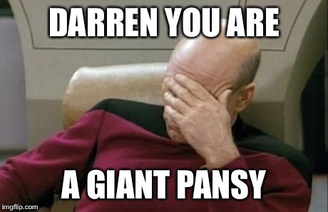 Captain Picard Facepalm Meme | DARREN YOU ARE A GIANT PANSY | image tagged in memes,captain picard facepalm | made w/ Imgflip meme maker