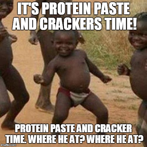 third world peanut butter jelly. | IT'S PROTEIN PASTE AND CRACKERS TIME! PROTEIN PASTE AND CRACKER TIME. WHERE HE AT? WHERE HE AT? | image tagged in memes,third world success kid,dance | made w/ Imgflip meme maker