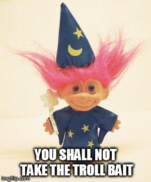 Troll Doll Wizard | YOU SHALL NOT TAKE THE TROLL BAIT | image tagged in troll doll wizard | made w/ Imgflip meme maker