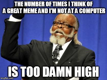 Too Damn High | THE NUMBER OF TIMES I THINK OF A GREAT MEME AND I'M NOT AT A COMPUTER IS TOO DAMN HIGH | image tagged in memes,too damn high | made w/ Imgflip meme maker