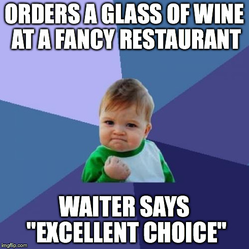 Success Kid | ORDERS A GLASS OF WINE AT A FANCY RESTAURANT WAITER SAYS  "EXCELLENT CHOICE" | image tagged in memes,success kid | made w/ Imgflip meme maker