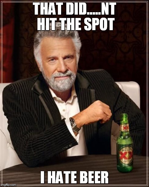 The Most Interesting Man In The World Meme | THAT DID.....NT HIT THE SPOT I HATE BEER | image tagged in memes,the most interesting man in the world | made w/ Imgflip meme maker