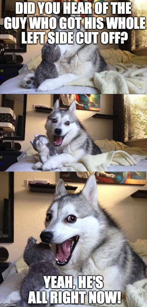 Bad Pun Dog | DID YOU HEAR OF THE GUY WHO GOT HIS WHOLE LEFT SIDE CUT OFF? YEAH, HE'S ALL RIGHT NOW! | image tagged in memes,bad pun dog | made w/ Imgflip meme maker