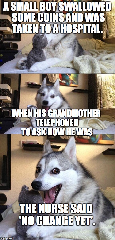 Bad Pun Dog | A SMALL BOY SWALLOWED SOME COINS AND WAS TAKEN TO A HOSPITAL. WHEN HIS GRANDMOTHER TELEPHONED TO ASK HOW HE WAS THE NURSE SAID 'NO CHANGE YE | image tagged in memes,bad pun dog | made w/ Imgflip meme maker
