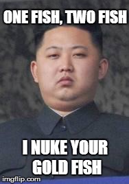 Kim Jong Un | ONE FISH, TWO FISH I NUKE YOUR GOLD FISH | image tagged in kim jong un | made w/ Imgflip meme maker