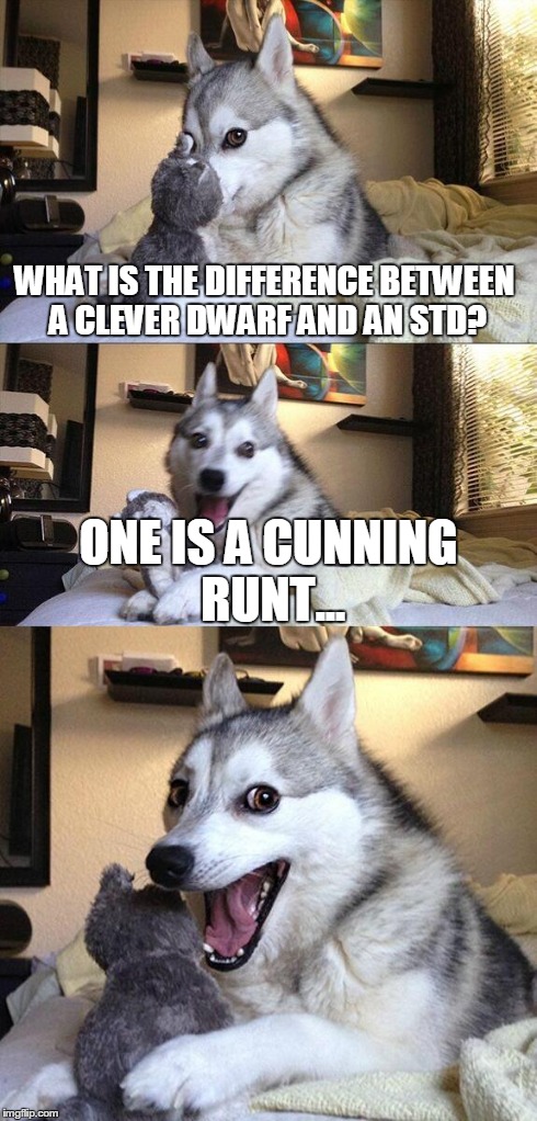 Bad Pun Dog Meme | WHAT IS THE DIFFERENCE BETWEEN A CLEVER DWARF AND AN STD? ONE IS A CUNNING RUNT... | image tagged in memes,bad pun dog,funny | made w/ Imgflip meme maker