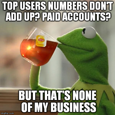 But That's None Of My Business | TOP USERS NUMBERS DON'T ADD UP? PAID ACCOUNTS? BUT THAT'S NONE OF MY BUSINESS | image tagged in memes,but thats none of my business,kermit the frog | made w/ Imgflip meme maker