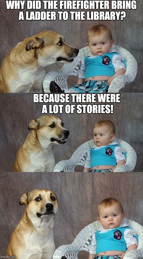 Dad Joke Dog | WHY DID THE FIREFIGHTER BRING A LADDER TO THE LIBRARY? BECAUSE THERE WERE A LOT OF STORIES! | image tagged in memes,dad joke dog | made w/ Imgflip meme maker