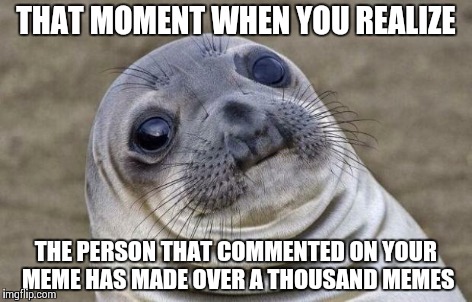 Practically Famous.... | THAT MOMENT WHEN YOU REALIZE THE PERSON THAT COMMENTED ON YOUR MEME HAS MADE OVER A THOUSAND MEMES | image tagged in memes,awkward moment sealion | made w/ Imgflip meme maker
