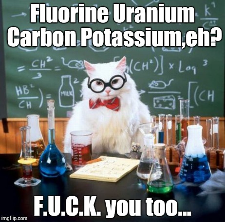 Chemistry Cat | Fluorine Uranium Carbon Potassium,eh? F.U.C.K. you too... | image tagged in memes,chemistry cat | made w/ Imgflip meme maker