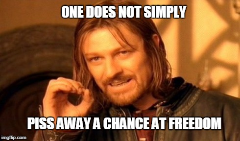 One Does Not Simply | ONE DOES NOT SIMPLY PISS AWAY A CHANCE AT FREEDOM | image tagged in memes,one does not simply | made w/ Imgflip meme maker