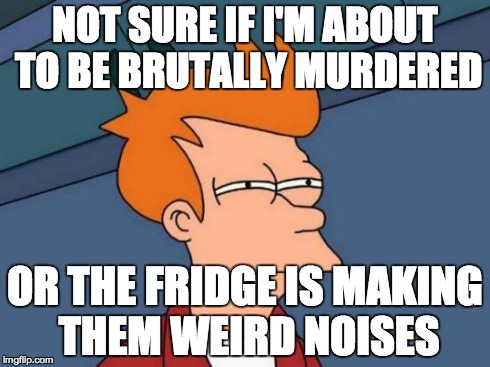Futurama Fry | NOT SURE IF I'M ABOUT TO BE BRUTALLY MURDERED OR THE FRIDGE IS MAKING THEM WEIRD NOISES | image tagged in memes,futurama fry | made w/ Imgflip meme maker