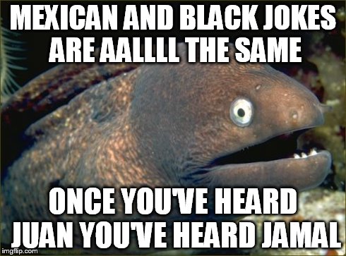 Bad Joke Eel Meme | MEXICAN AND BLACK JOKES ARE AALLLL THE SAME ONCE YOU'VE HEARD JUAN YOU'VE HEARD JAMAL | image tagged in memes,bad joke eel | made w/ Imgflip meme maker