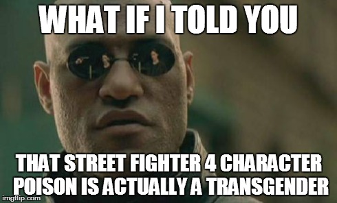 Holy Shoryuken!!  | WHAT IF I TOLD YOU THAT STREET FIGHTER 4 CHARACTER POISON IS ACTUALLY A TRANSGENDER | image tagged in memes,matrix morpheus,street fighter,poison | made w/ Imgflip meme maker