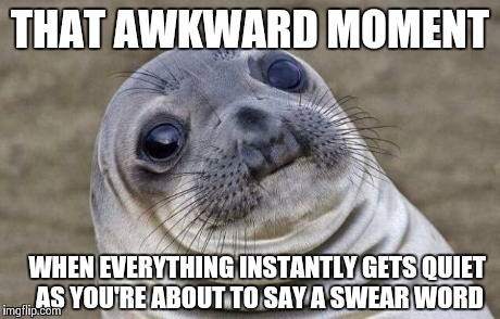 Awkward Moment Sealion | THAT AWKWARD MOMENT WHEN EVERYTHING INSTANTLY GETS QUIET AS YOU'RE ABOUT TO SAY A SWEAR WORD | image tagged in memes,awkward moment sealion | made w/ Imgflip meme maker