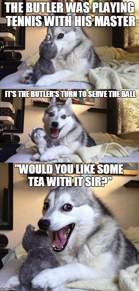 I believe I made a pun, Sir... | THE BUTLER WAS PLAYING TENNIS WITH HIS MASTER "WOULD YOU LIKE SOME TEA WITH IT SIR?" IT'S THE BUTLER'S TURN TO SERVE THE BALL | image tagged in memes,bad pun dog | made w/ Imgflip meme maker