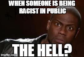 Kevin Hart Meme | WHEN SOMEONE IS BEING RACIST IN PUBLIC THE HELL? | image tagged in memes,kevin hart the hell | made w/ Imgflip meme maker