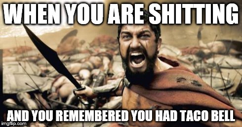 Sparta Leonidas Meme | WHEN YOU ARE SHITTING AND YOU REMEMBERED YOU HAD TACO BELL | image tagged in memes,sparta leonidas,taco bell,toilet humor,funny,first world problems | made w/ Imgflip meme maker