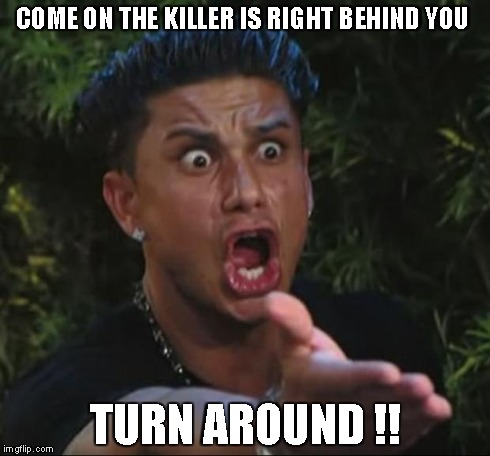 DJ Pauly D | COME ON THE KILLER IS RIGHT BEHIND YOU TURN AROUND !! | image tagged in memes,dj pauly d | made w/ Imgflip meme maker
