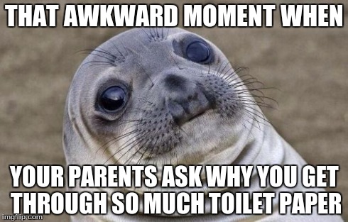 Awkward Moment Sealion | THAT AWKWARD MOMENT WHEN YOUR PARENTS ASK WHY YOU GET THROUGH SO MUCH TOILET PAPER | image tagged in memes,awkward moment sealion | made w/ Imgflip meme maker