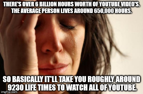 THERE'S OVER 6 BILLION HOURS WORTH OF YOUTUBE VIDEO'S. THE AVERAGE PERSON LIVES AROUND 650,000 HOURS. SO BASICALLY IT'LL TAKE YOU ROUGHLY AR | image tagged in memes,first world problems | made w/ Imgflip meme maker