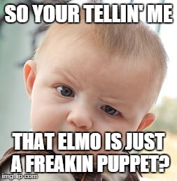 Skeptical Baby | SO YOUR TELLIN' ME THAT ELMO IS JUST A FREAKIN PUPPET? | image tagged in memes,skeptical baby | made w/ Imgflip meme maker