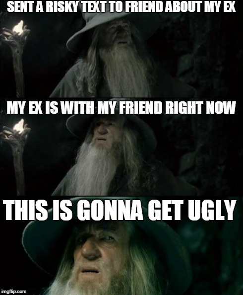 Confused Gandalf | SENT A RISKY TEXT TO FRIEND ABOUT MY EX MY EX IS WITH MY FRIEND RIGHT NOW THIS IS GONNA GET UGLY | image tagged in memes,confused gandalf | made w/ Imgflip meme maker