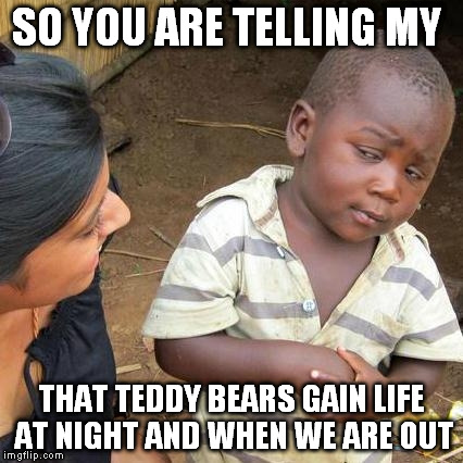 Third World Skeptical Kid | SO YOU ARE TELLING MY THAT TEDDY BEARS GAIN LIFE AT NIGHT AND WHEN WE ARE OUT | image tagged in memes,third world skeptical kid | made w/ Imgflip meme maker