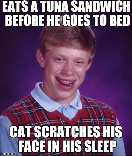Bad Luck Brian Meme | EATS A TUNA SANDWICH BEFORE HE GOES TO BED CAT SCRATCHES HIS FACE IN HIS SLEEP | image tagged in memes,bad luck brian | made w/ Imgflip meme maker