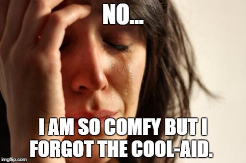 First World Problems | NO... I AM SO COMFY BUT I FORGOT THE COOL-AID. | image tagged in memes,first world problems | made w/ Imgflip meme maker