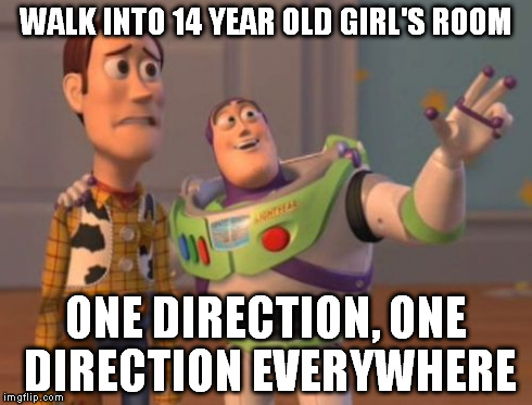 X, X Everywhere | WALK INTO 14 YEAR OLD GIRL'S ROOM ONE DIRECTION, ONE DIRECTION EVERYWHERE | image tagged in memes,x x everywhere | made w/ Imgflip meme maker