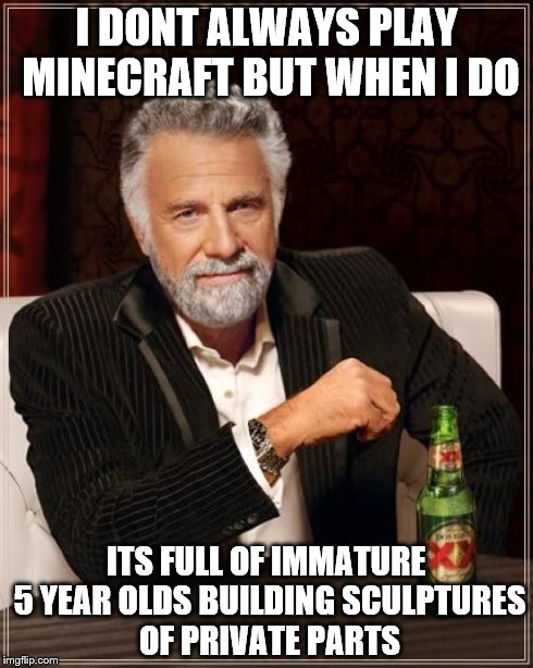The Most Interesting Man In The World Meme | I DONT ALWAYS PLAY MINECRAFT BUT WHEN I DO ITS FULL OF IMMATURE 5 YEAR OLDS BUILDING SCULPTURES OF PRIVATE PARTS | image tagged in memes,the most interesting man in the world | made w/ Imgflip meme maker