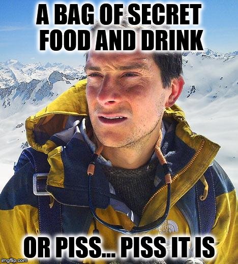 Bear Grylls | A BAG OF SECRET FOOD AND DRINK OR PISS... PISS IT IS | image tagged in memes,bear grylls | made w/ Imgflip meme maker