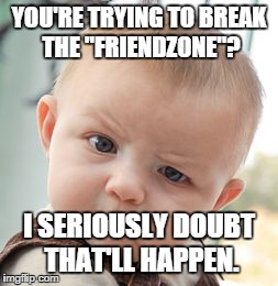 Skeptical Baby | YOU'RE TRYING TO BREAK THE "FRIENDZONE"? I SERIOUSLY DOUBT THAT'LL HAPPEN. | image tagged in memes,skeptical baby | made w/ Imgflip meme maker