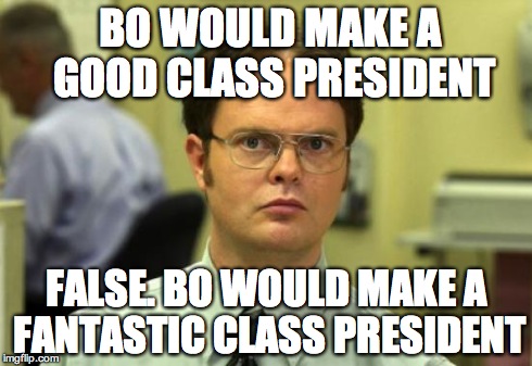 Dwight Schrute Meme | BO WOULD MAKE A GOOD CLASS PRESIDENT FALSE. BO WOULD MAKE A FANTASTIC CLASS PRESIDENT | image tagged in memes,dwight schrute | made w/ Imgflip meme maker