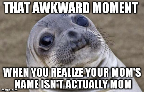 Happens to everyone when they're young | THAT AWKWARD MOMENT WHEN YOU REALIZE YOUR MOM'S NAME ISN'T ACTUALLY MOM | image tagged in memes,awkward moment sealion | made w/ Imgflip meme maker