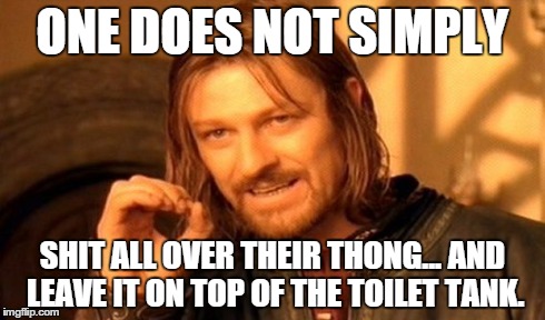 This is why I hate cleaning toilets... | ONE DOES NOT SIMPLY SHIT ALL OVER THEIR THONG... AND LEAVE IT ON TOP OF THE TOILET TANK. | image tagged in memes,one does not simply,gross,shit,bullshit,toilet humor | made w/ Imgflip meme maker