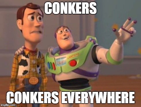 The sign that Autumn is here! | CONKERS CONKERS EVERYWHERE | image tagged in memes,x x everywhere | made w/ Imgflip meme maker