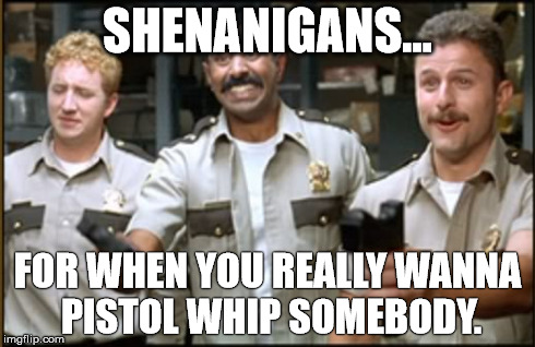 SHENANIGANS... FOR WHEN YOU REALLY WANNA PISTOL WHIP SOMEBODY. | image tagged in super troopers,shenanigans | made w/ Imgflip meme maker