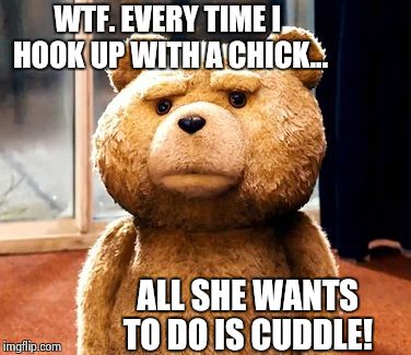 BlueBallsBear. | WTF. EVERY TIME I HOOK UP WITH A CHICK... ALL SHE WANTS TO DO IS CUDDLE! | image tagged in memes,ted,sad,babes,frustrated | made w/ Imgflip meme maker