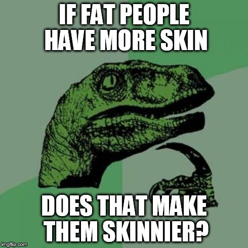 Philosoraptor | IF FAT PEOPLE HAVE MORE SKIN DOES THAT MAKE THEM SKINNIER? | image tagged in memes,philosoraptor | made w/ Imgflip meme maker