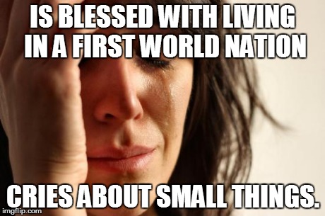 First World Problems | IS BLESSED WITH LIVING IN A FIRST WORLD NATION CRIES ABOUT SMALL THINGS. | image tagged in memes,first world problems | made w/ Imgflip meme maker