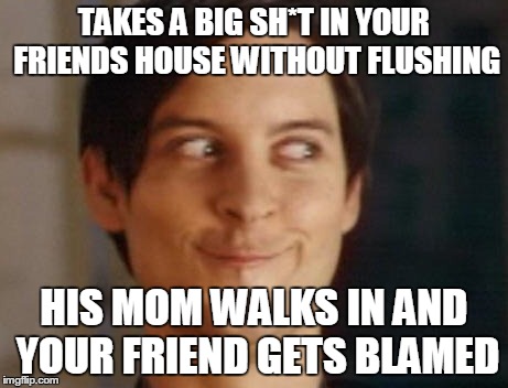 Spiderman Peter Parker Meme | TAKES A BIG SH*T IN YOUR FRIENDS HOUSE WITHOUT FLUSHING HIS MOM WALKS IN AND YOUR FRIEND GETS BLAMED | image tagged in memes,spiderman peter parker | made w/ Imgflip meme maker