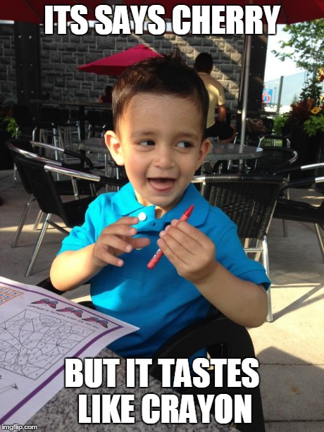 Astonished Aden | ITS SAYS CHERRY BUT IT TASTES LIKE CRAYON | image tagged in astonished aden,meme,baby,crayon,cherry | made w/ Imgflip meme maker