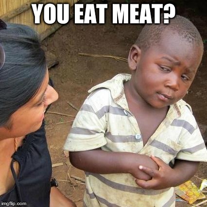 Third World Skeptical Kid Meme | YOU EAT MEAT? | image tagged in memes,third world skeptical kid | made w/ Imgflip meme maker
