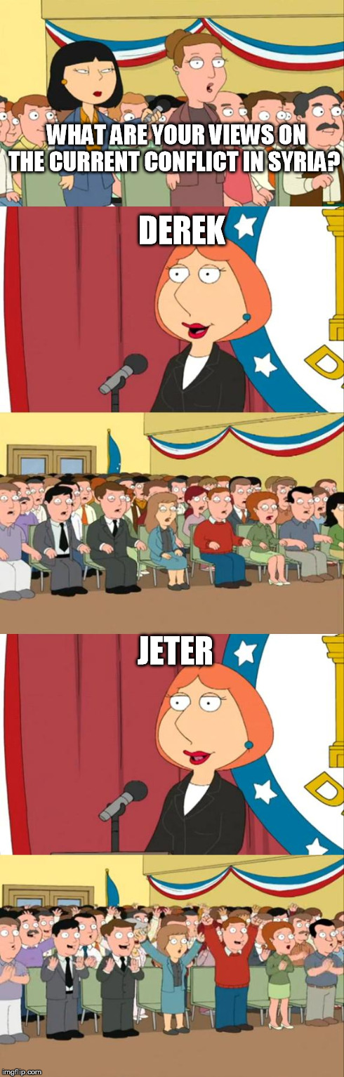 Lois Griffin | WHAT ARE YOUR VIEWS ON THE CURRENT CONFLICT IN SYRIA? DEREK JETER | image tagged in lois griffin | made w/ Imgflip meme maker