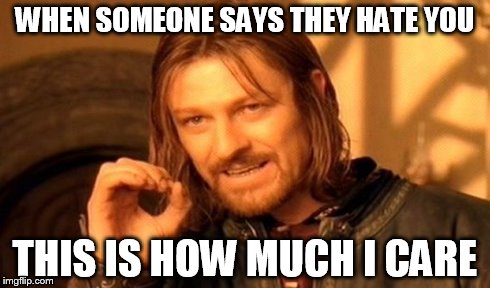 One Does Not Simply Meme | WHEN SOMEONE SAYS THEY HATE YOU THIS IS HOW MUCH I CARE | image tagged in memes,one does not simply | made w/ Imgflip meme maker