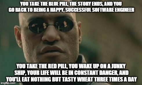 Matrix Morpheus | YOU TAKE THE BLUE PILL, THE STORY ENDS, AND YOU GO BACK TO BEING A HAPPY, SUCCESSFUL SOFTWARE ENGINEER YOU TAKE THE RED PILL, YOU WAKE UP ON | image tagged in memes,matrix morpheus | made w/ Imgflip meme maker