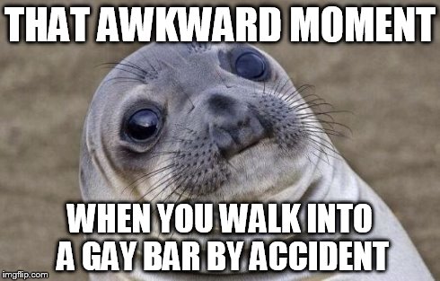 Awkward Moment Sealion | THAT AWKWARD MOMENT WHEN YOU WALK INTO A GAY BAR BY ACCIDENT | image tagged in memes,awkward moment sealion | made w/ Imgflip meme maker