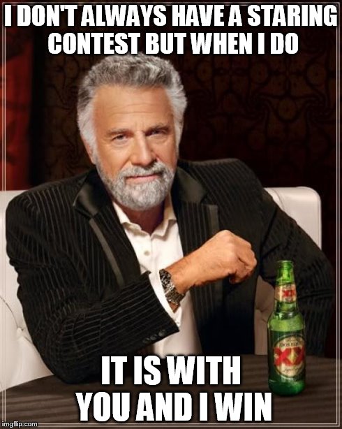 The Most Interesting Man In The World | I DON'T ALWAYS HAVE A STARING CONTEST BUT WHEN I DO IT IS WITH YOU AND I WIN | image tagged in memes,the most interesting man in the world | made w/ Imgflip meme maker